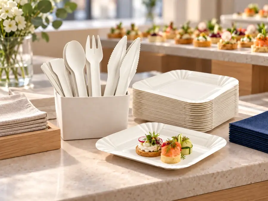 Paper cutlery arranged at a premium catered event