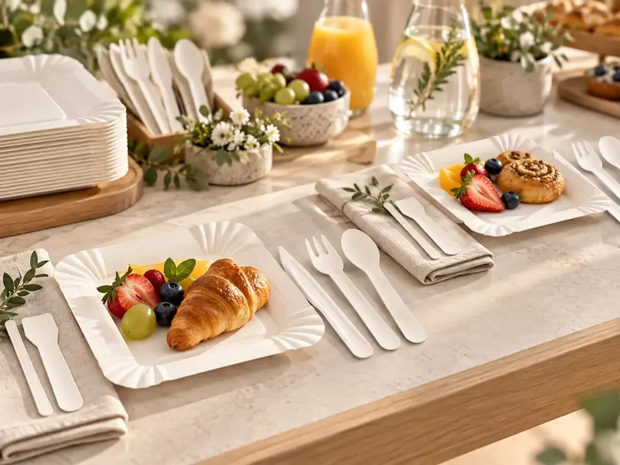 White paper cutlery arranged for a boutique hotel breakfast buffet