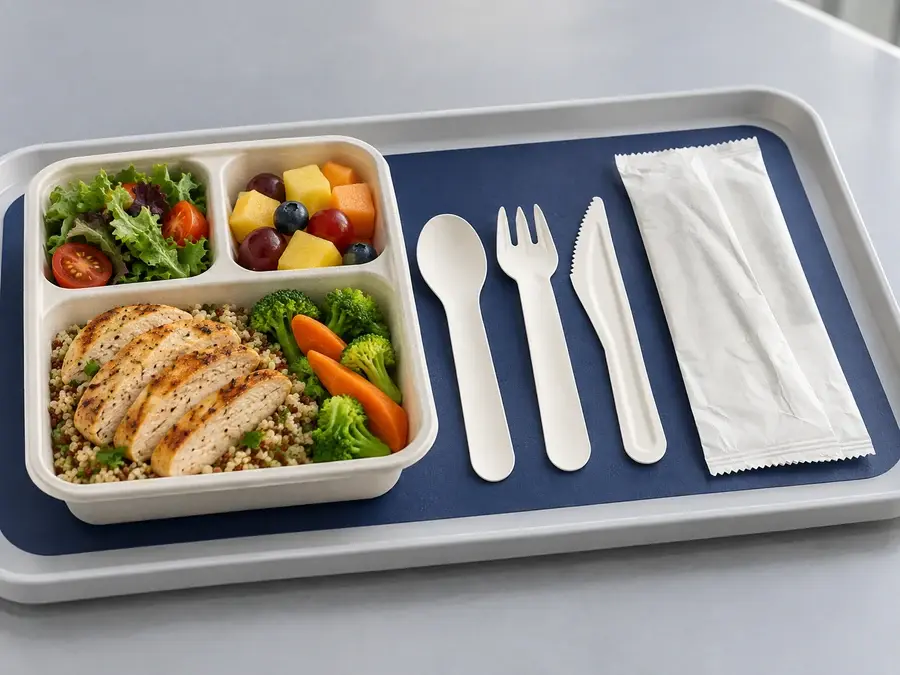 Wrapped paper cutlery and a complete three-piece set on a clean institutional meal tray