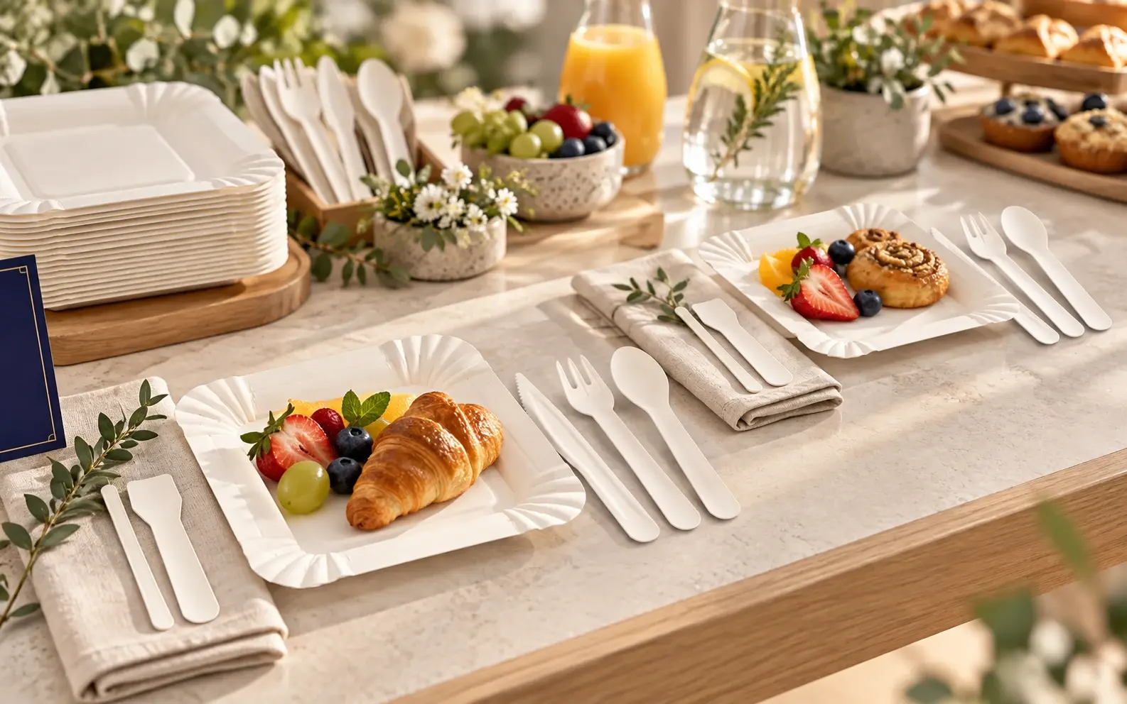 White paper cutlery arranged for a premium hotel breakfast buffet