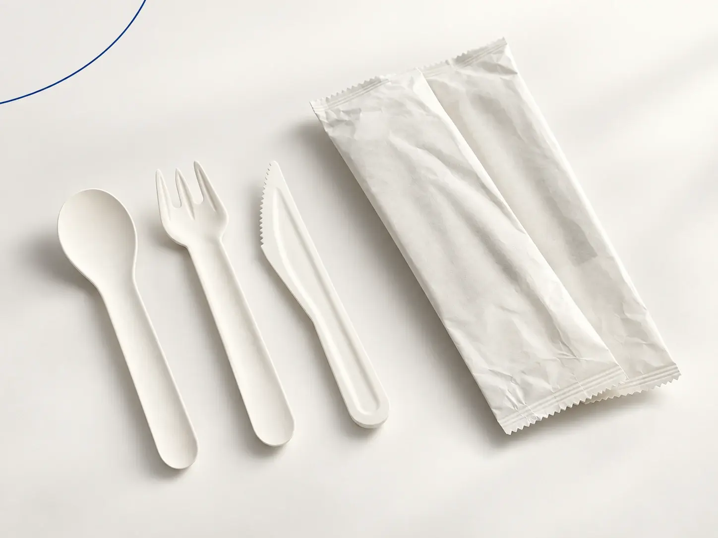 Individually wrapped white paper cutlery set with spoon, three-tine fork and serrated knife