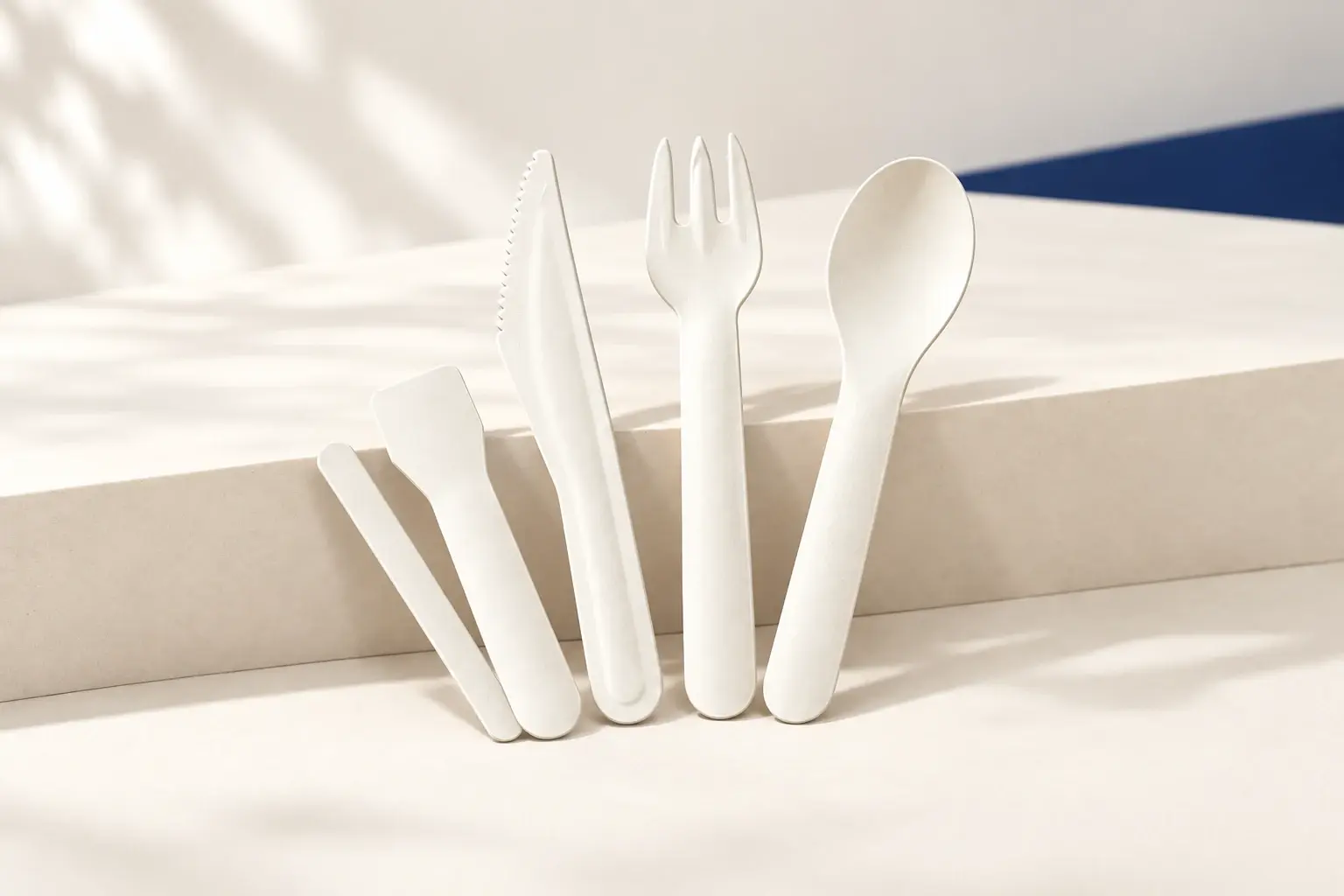 White paper knife, three-tine fork, spoon and coffee stirrers arranged on an ivory studio plinth