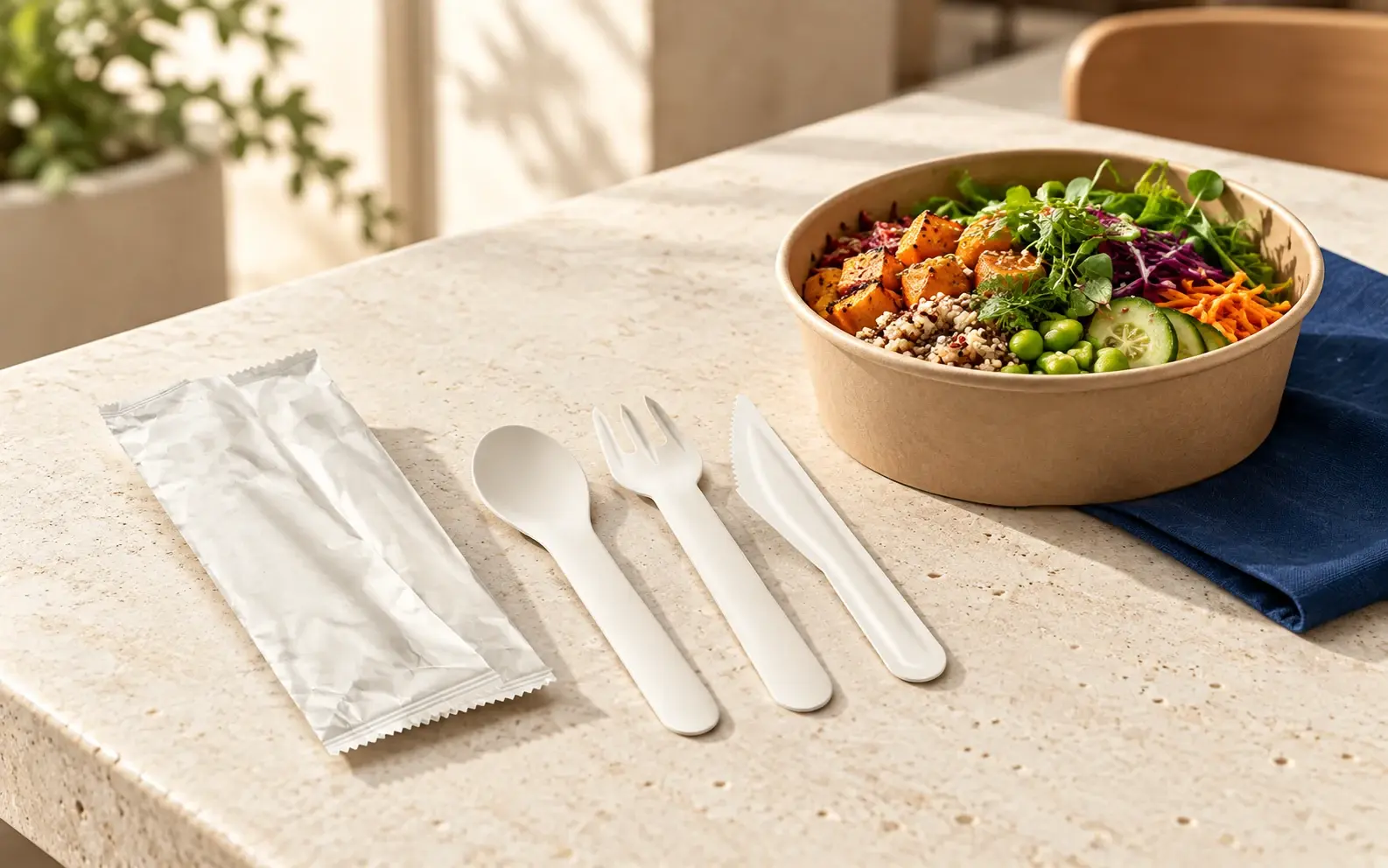 White paper spoon, fork, knife and paper sleeve beside a takeaway grain bowl in a modern restaurant
