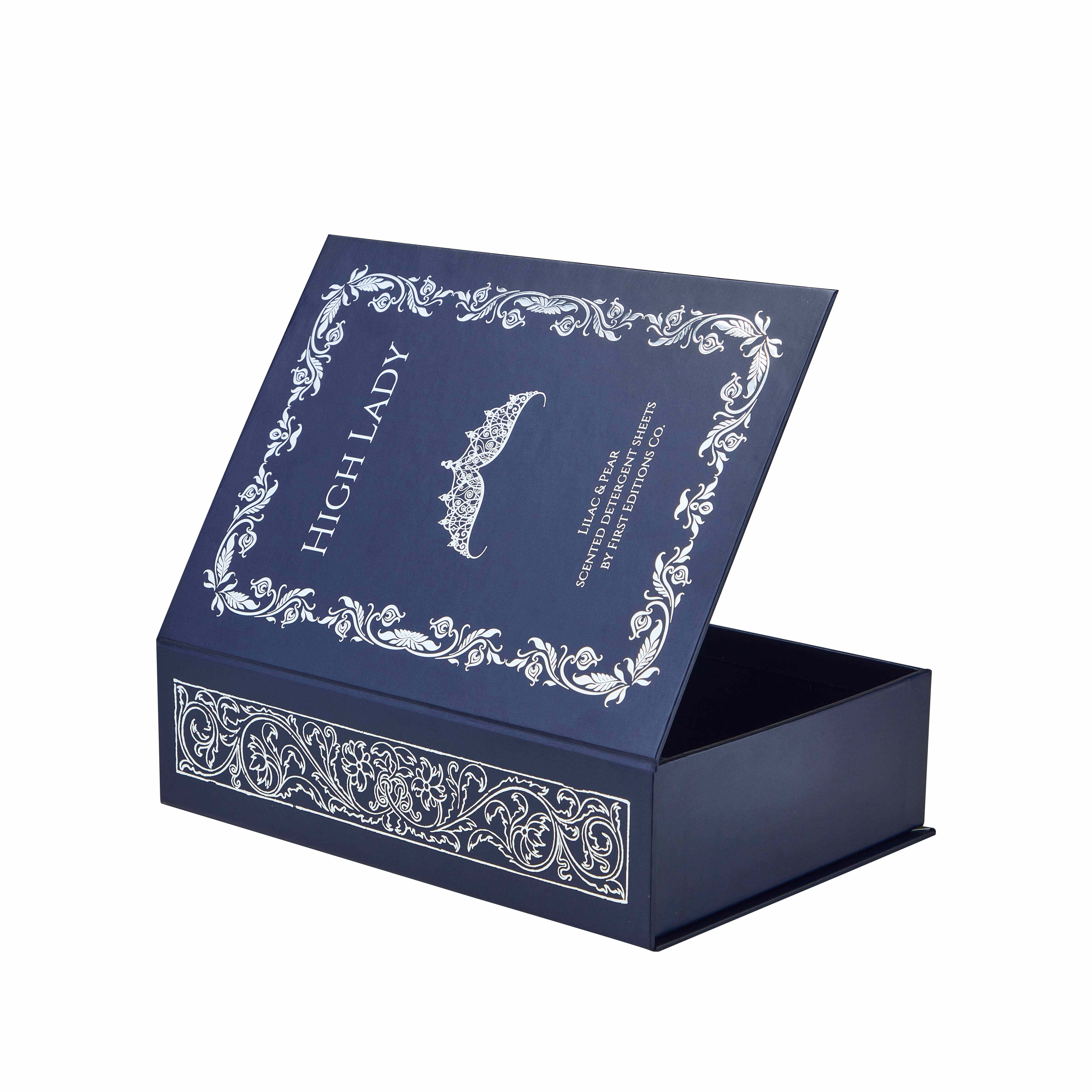 Custom Luxury Flat Spine Magnetic Book-Shaped Box with Full Silver Foil