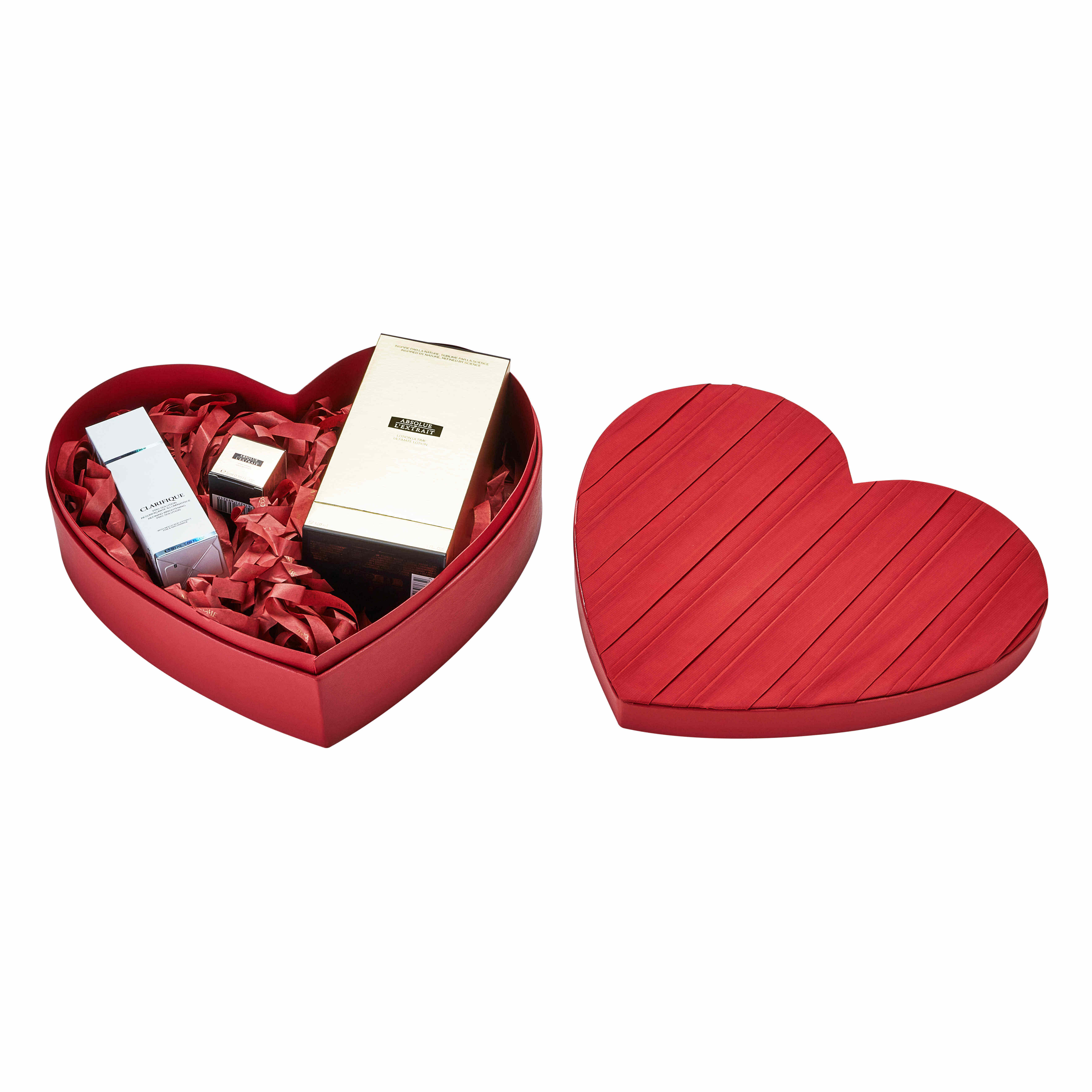 Luxury Red Heart-Shaped Rigid Lid and Base Box in PU Leather | Premium Skincare Gift Packaging