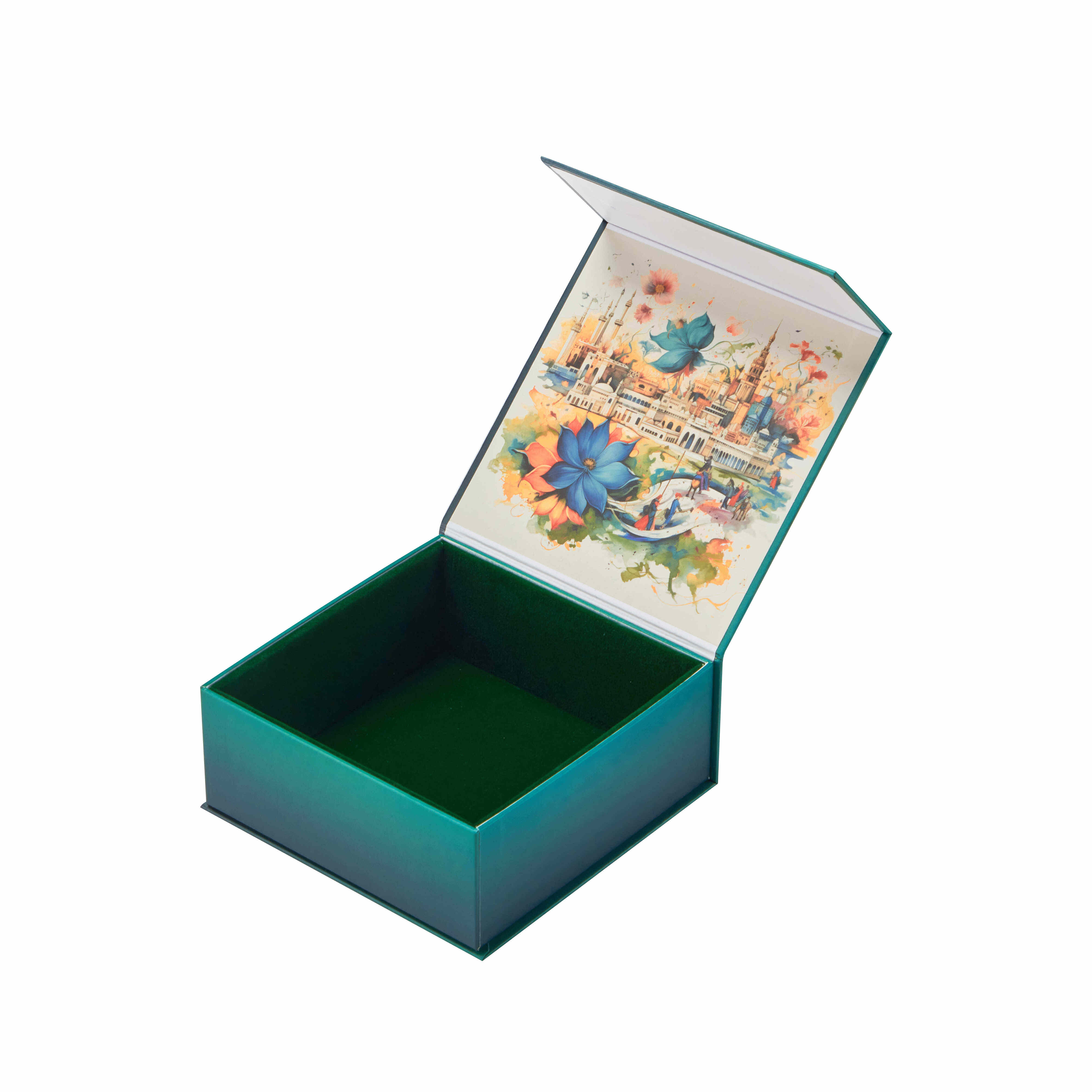Luxury Teal Blue Magnetic Rigid Box with Illustrated Lining and Velvet Interior