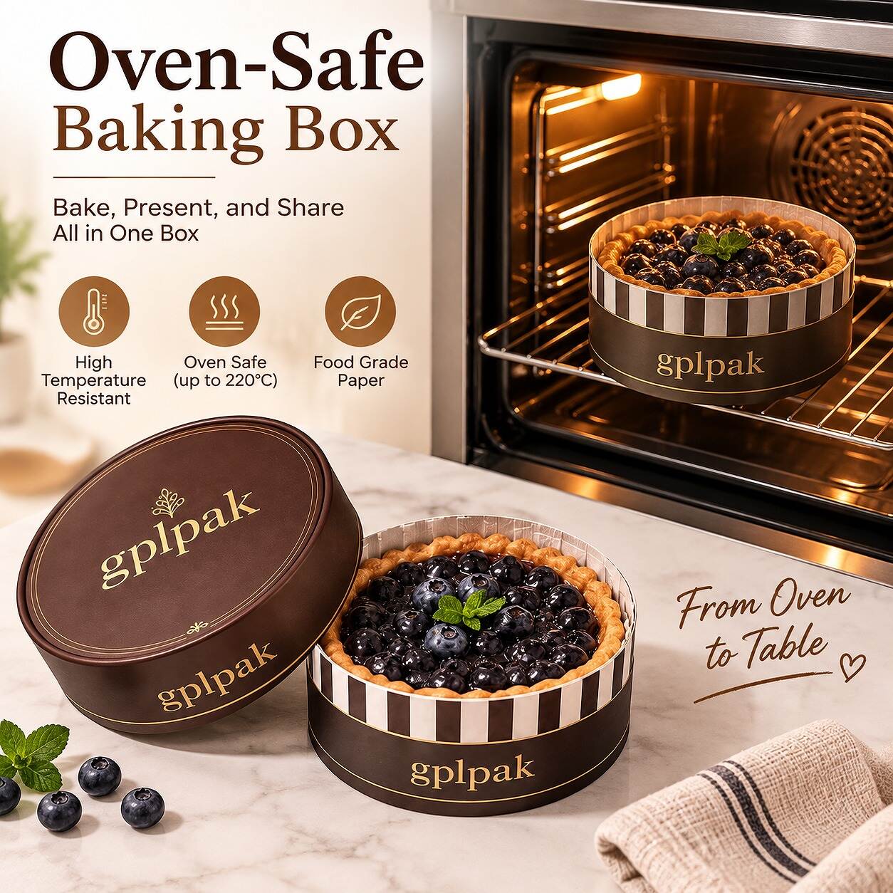 Whole Basque cheesecake placed inside an open food-grade round cylinder cake box