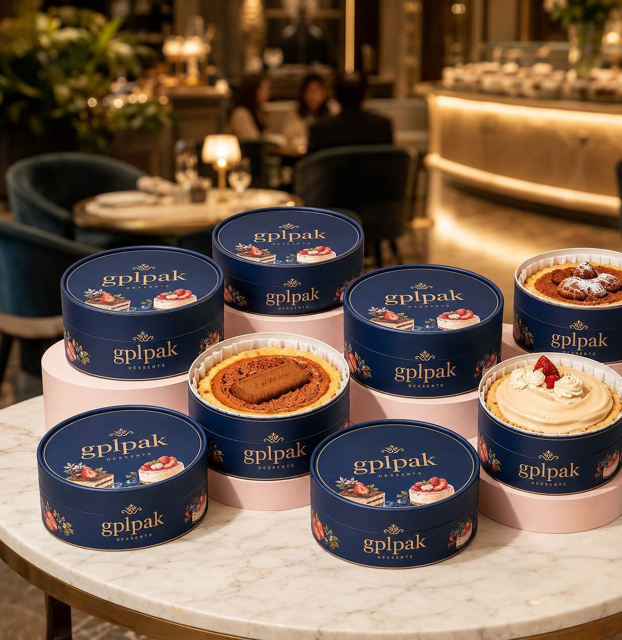 Stack of custom printed round cylinder cake boxes with bakery logo branding