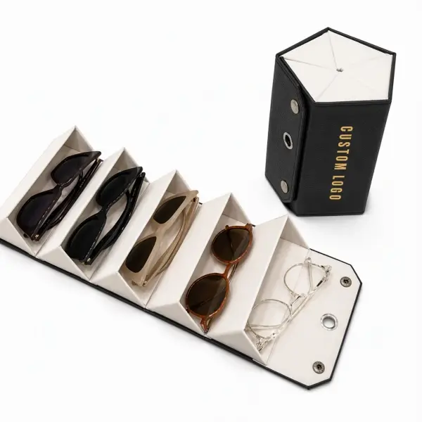 Custom PU Leather 5-Pair Sunglasses Organizer Box | Folding Eyewear Storage with Logo