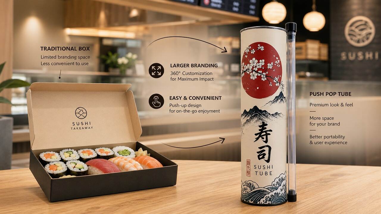 sushi pop up tube vs traditional packaging sushi pop up tube vs traditional packaging