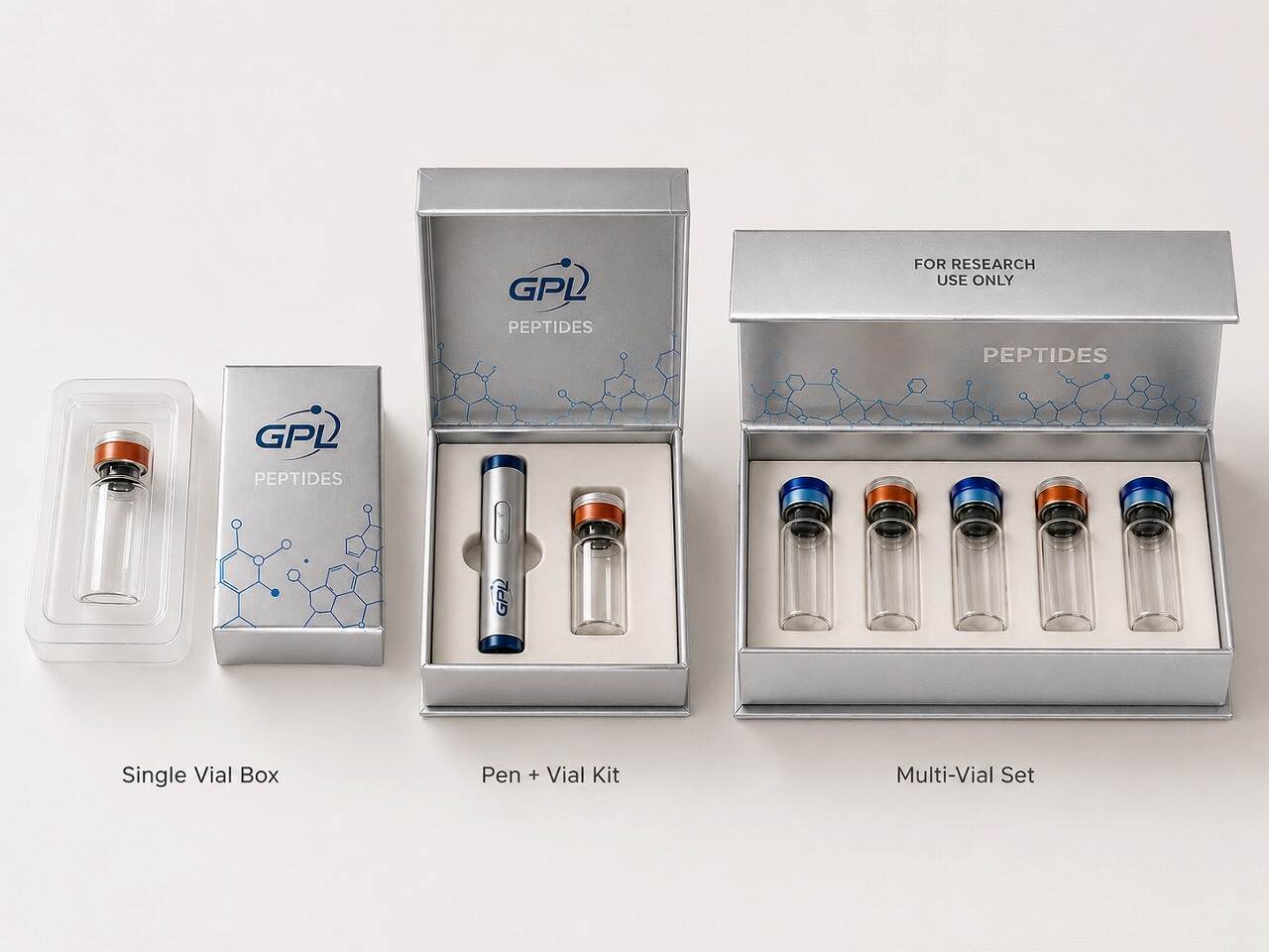 Three peptide packaging types: single vial box, pen + vial kit, multi-vial set