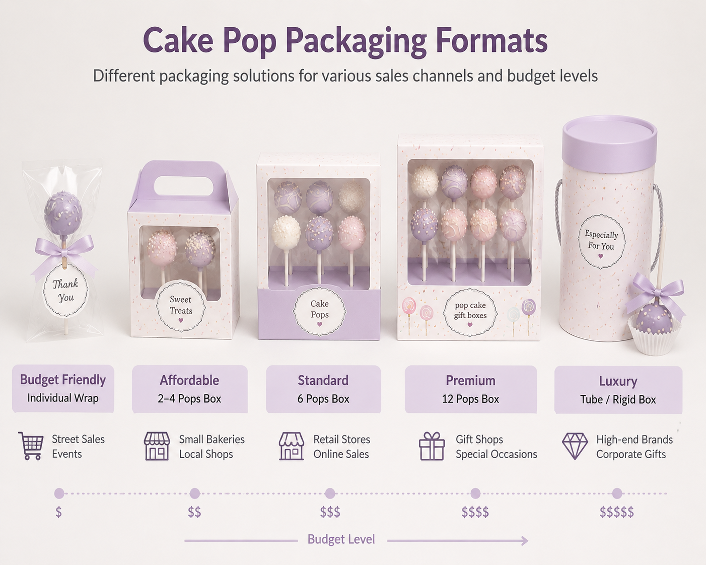 Five types of cake pop packaging: window boxes, tubes, paper sleeves, magnetic gift boxes, and display stands