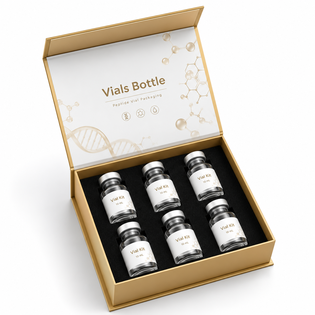 Custom rigid peptide vial box with black EVA foam insert holding two glass vials
