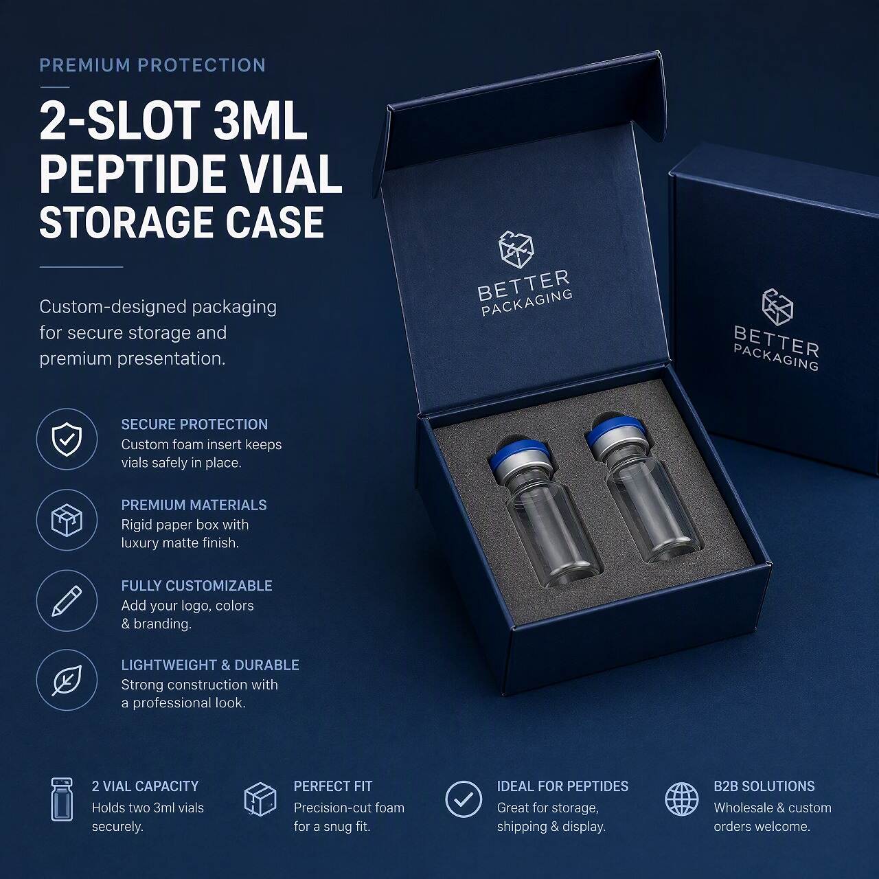 Custom 2 slot 3 ml vial case with foam insert holding two peptide vials