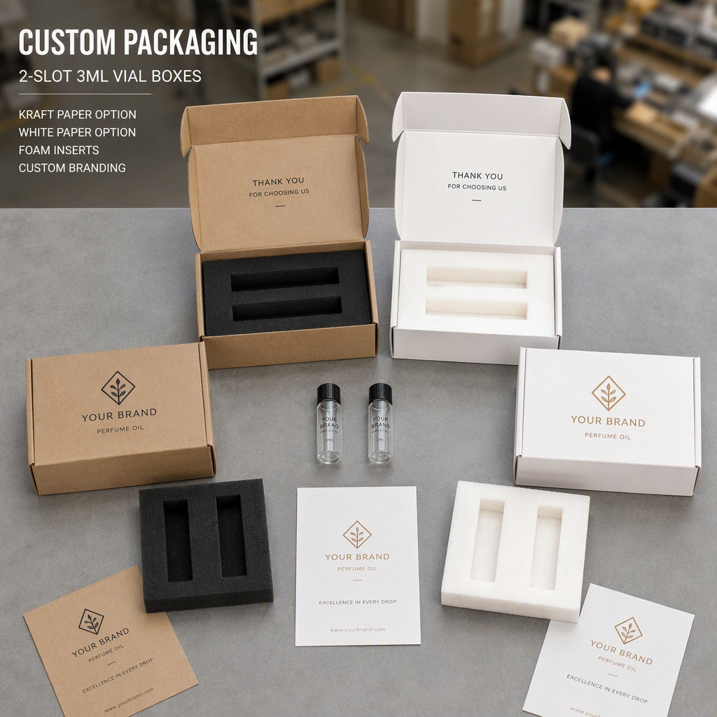 Packaging material options for custom 2 slot 3 ml vial cases including kraft and white paperboard with foam inserts Packaging material options for custom 2 slot 3 ml vial cases including kraft and white paperboard with foam inserts