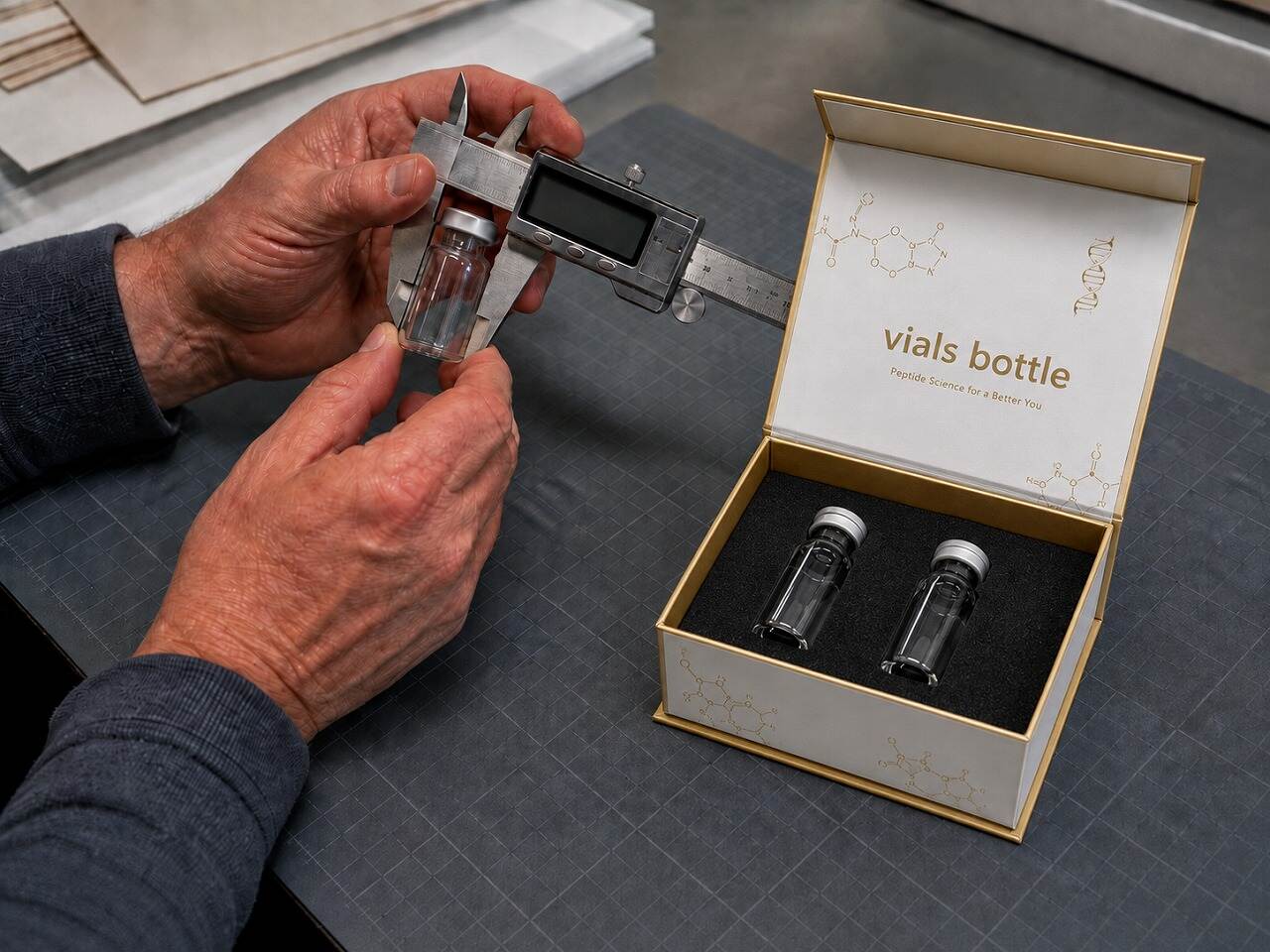 Packaging engineer measuring a clear 3 ml vial with a digital caliper beside a two-slot prototype