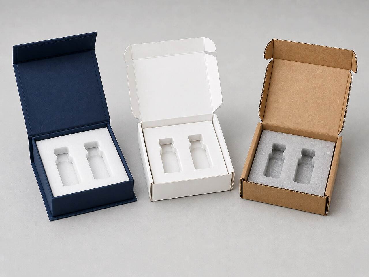 Three realistic two-slot vial packaging prototypes using rigid board, folding carton, and corrugated structures