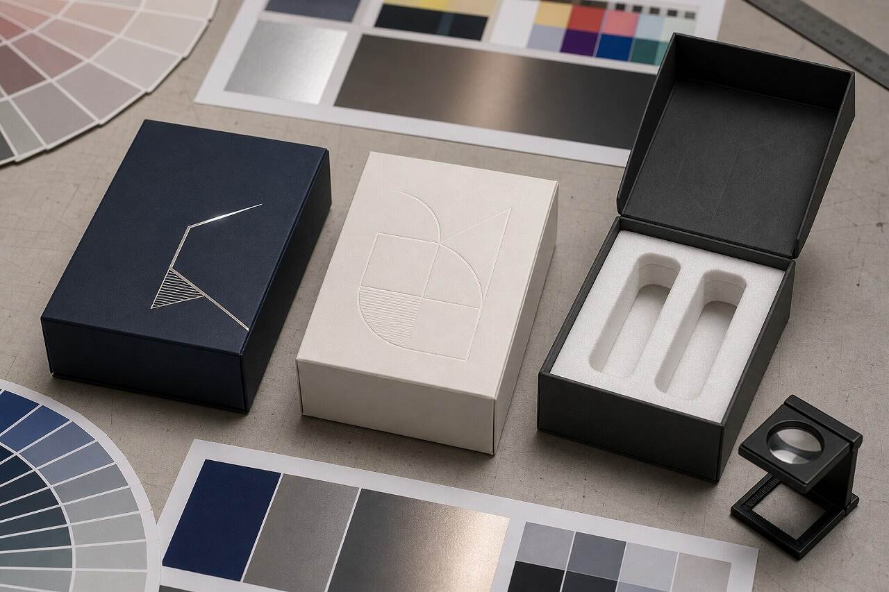 Realistic print proof table with matte, foil, embossed, and two-slot rigid vial box samples