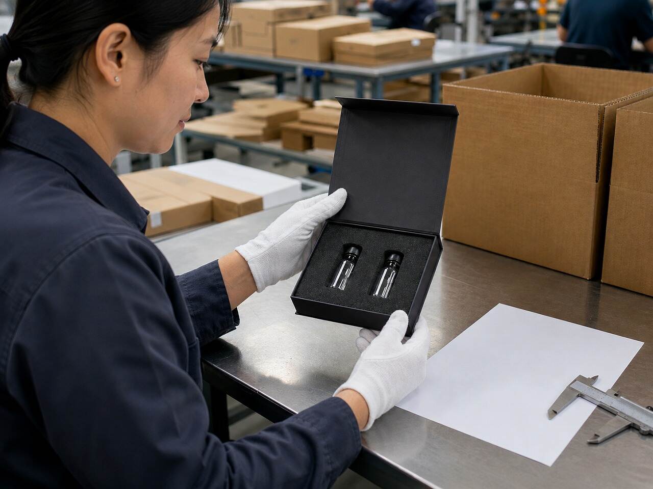 Packaging factory inspector checking a finished two-vial rigid case before corrugated pack-out
