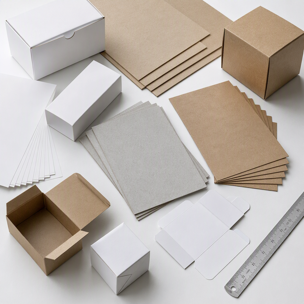 Paperboard material samples for cigarette pack production: SBS, kraft and greyboard