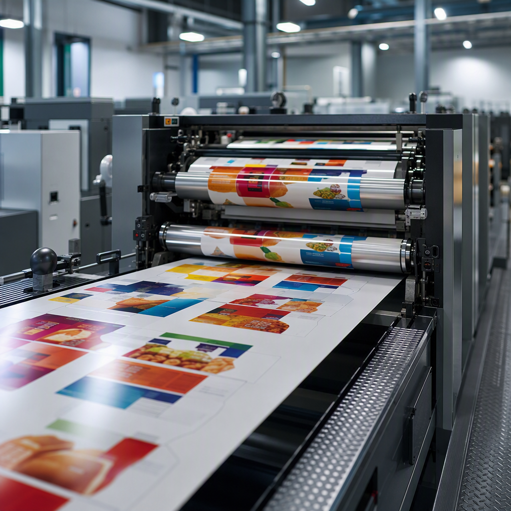 Offset printing press producing full-color cigarette pack cartons in a modern factory