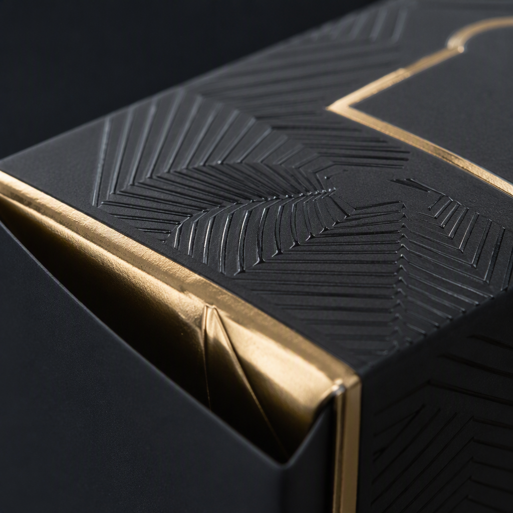 Close-up of foil stamping, embossing and spot UV finishing on a premium pack