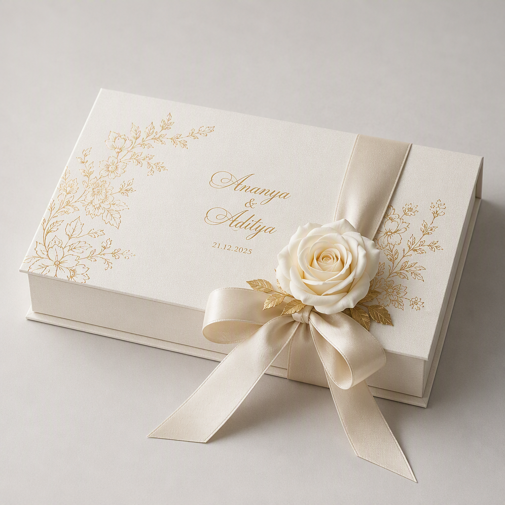 Luxury wedding invitation box with gold foil floral pattern and satin ribbon