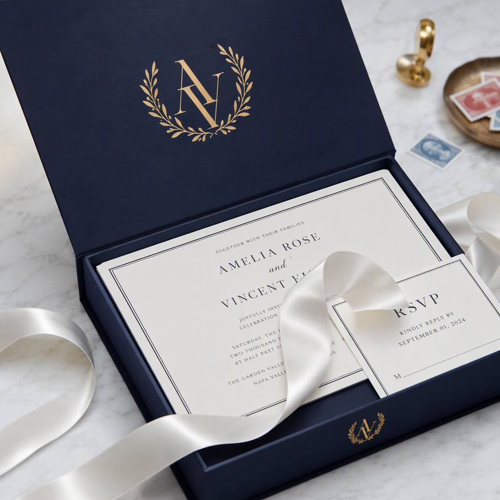 Navy blue magnetic wedding invitation box with gold monogram and invitation cards inside