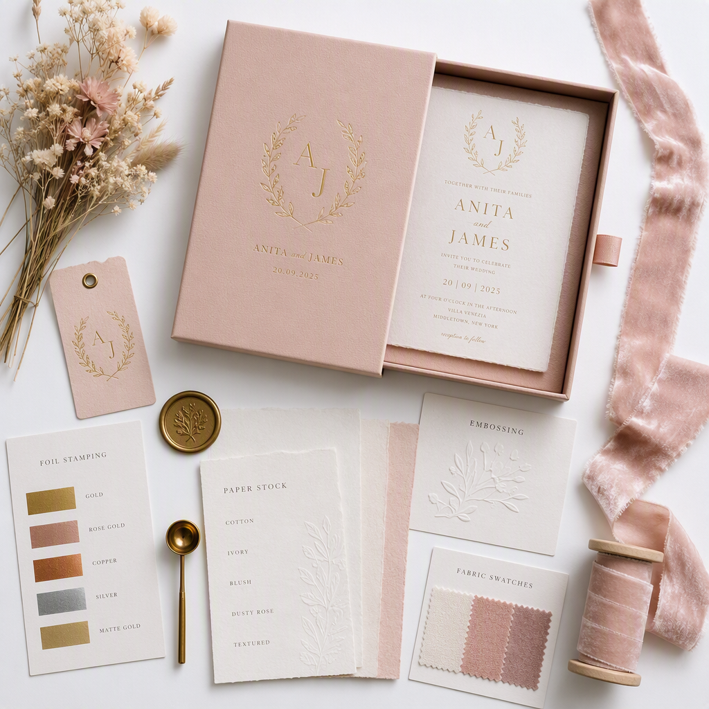Flat lay of wedding invitation box materials: blush leatherette box, gold foil samples, velvet ribbon and dried flowers Flat lay of wedding invitation box materials: blush leatherette box, gold foil samples, velvet ribbon and dried flowers