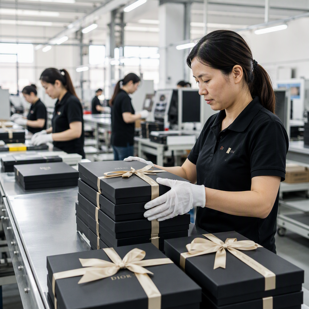 Factory quality control of wholesale luxury gift boxes on a production line
