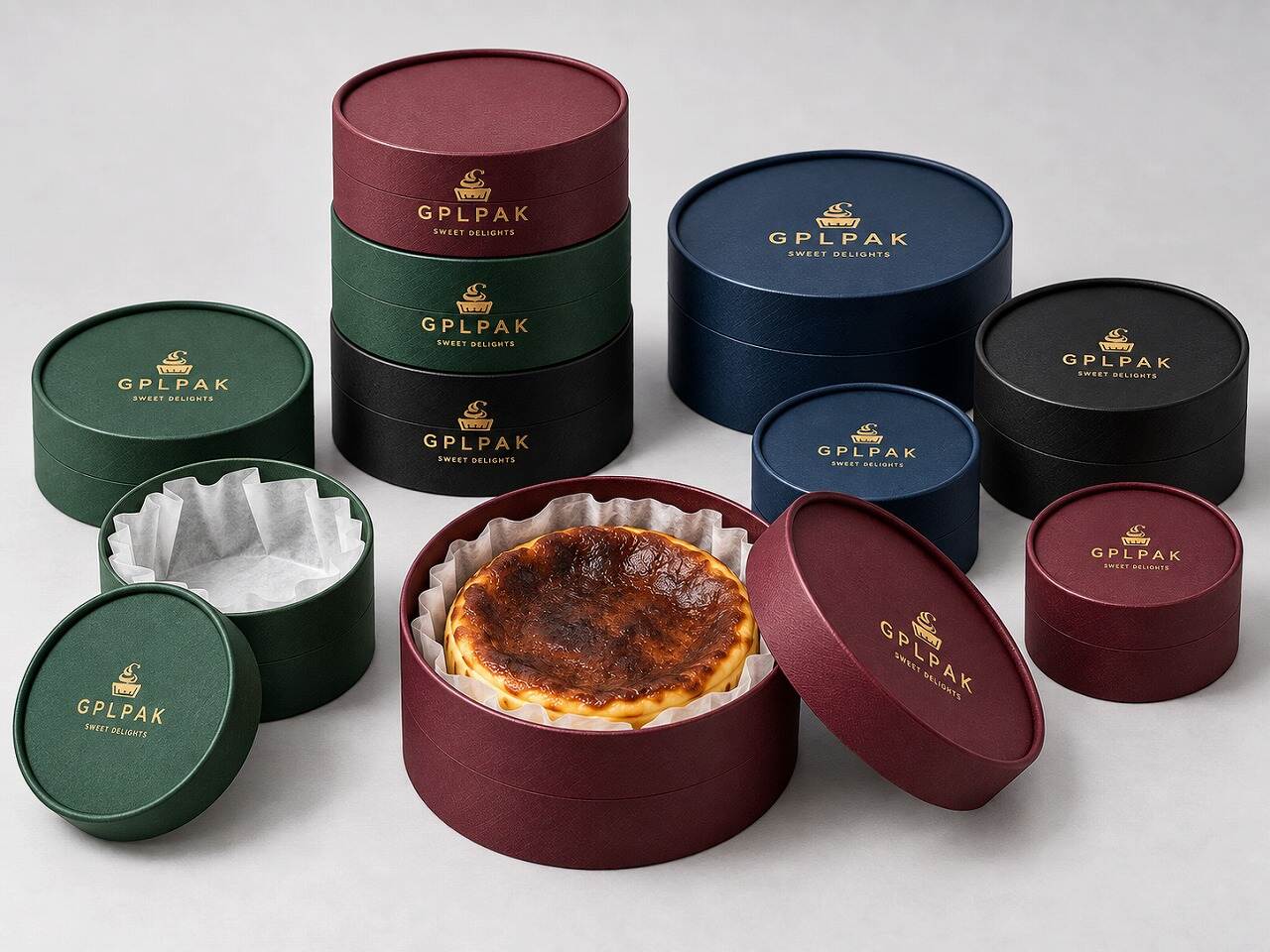 Round cylinder cake boxes in different diameters and heights for whole Basque cheesecakes