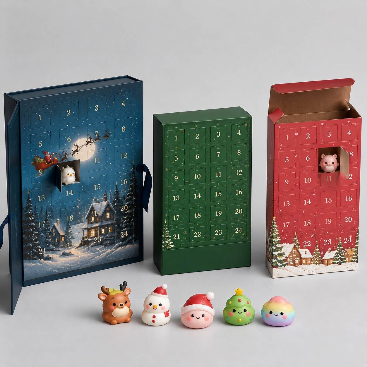 Three custom advent calendar packaging box styles for squishy toys compared side by side