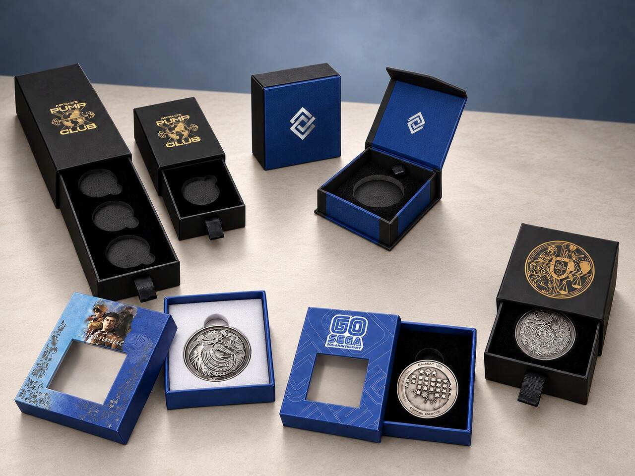 Open navy custom commemorative coin presentation box with a capsule-fit insert and certificate card