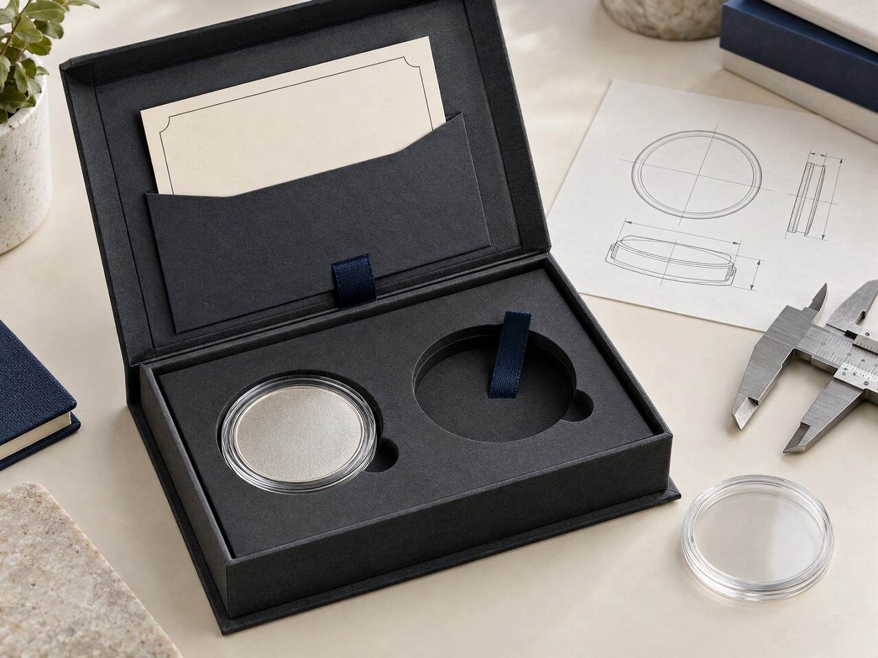 Close-up of a capsule-fit coin box insert with finger notch, ribbon lift and certificate compartment Close-up of a capsule-fit coin box insert with finger notch, ribbon lift and certificate compartment