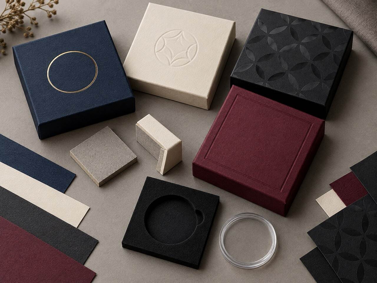 Rigid coin box material and finish samples including foil, embossing, debossing, spot gloss and wrapped greyboard Rigid coin box material and finish samples including foil, embossing, debossing, spot gloss and wrapped greyboard