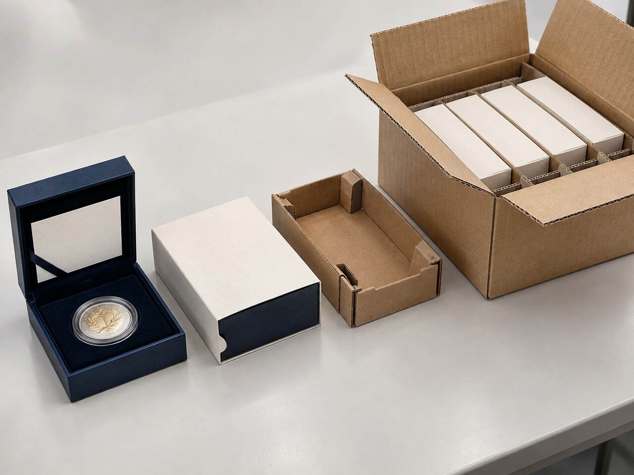 Rigid commemorative coin box with protective sleeve, corrugated tray and export shipping carton Rigid commemorative coin box with protective sleeve, corrugated tray and export shipping carton