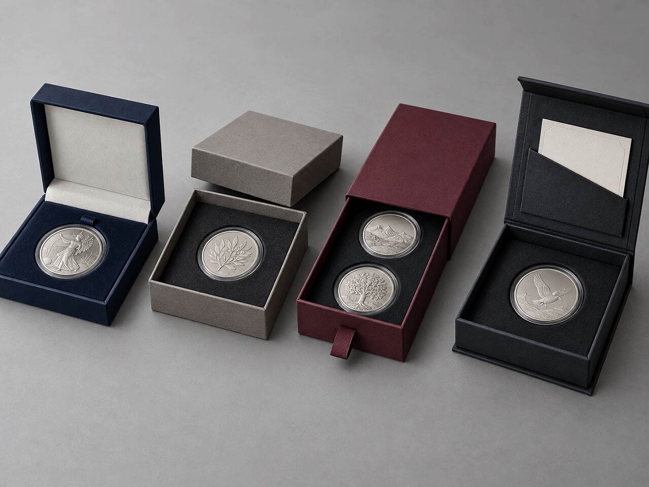 Premium commemorative coin presentation box styles with a hinged coin box, two-piece box and drawer box