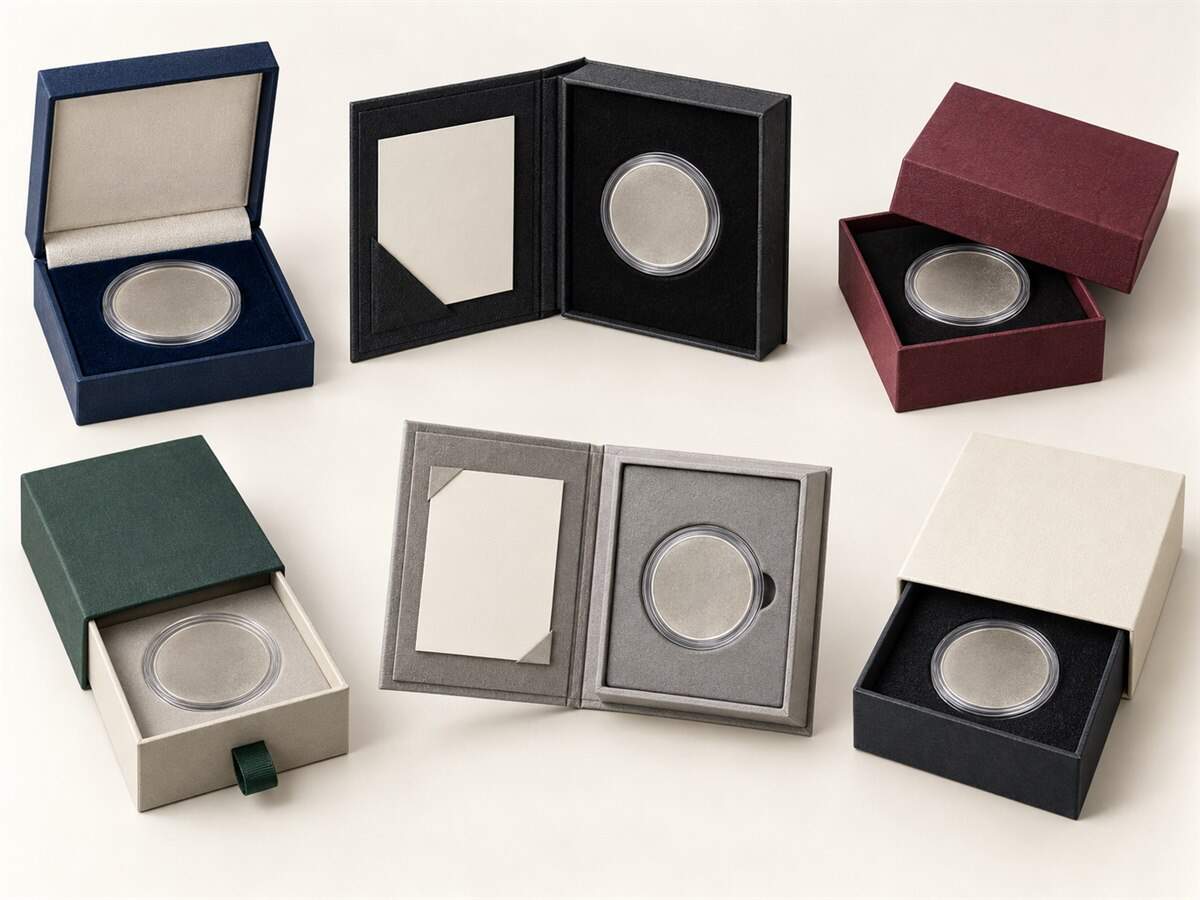 Six paper-wrapped rigid commemorative coin presentation box styles with generic capsule-fit inserts Six paper-wrapped rigid commemorative coin presentation box styles with generic capsule-fit inserts