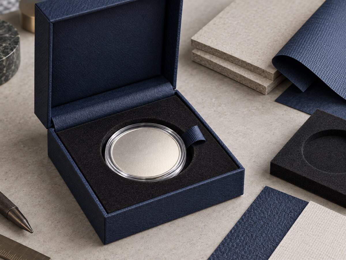 Paper-wrapped rigid coin box construction with greyboard, textured wrap paper, EVA insert and capsule recess Paper-wrapped rigid coin box construction with greyboard, textured wrap paper, EVA insert and capsule recess