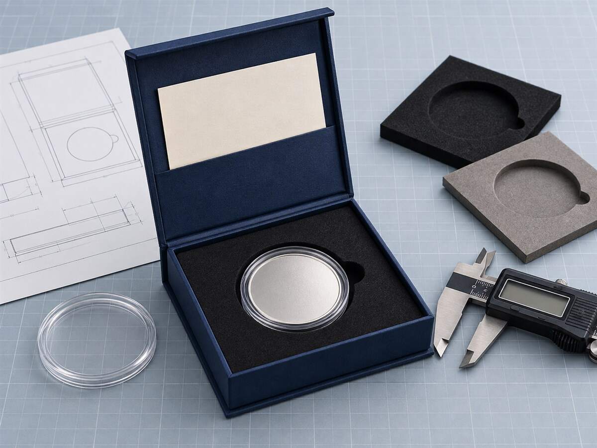 Custom coin presentation box engineering with capsule-fit insert, COA pocket and measuring tools