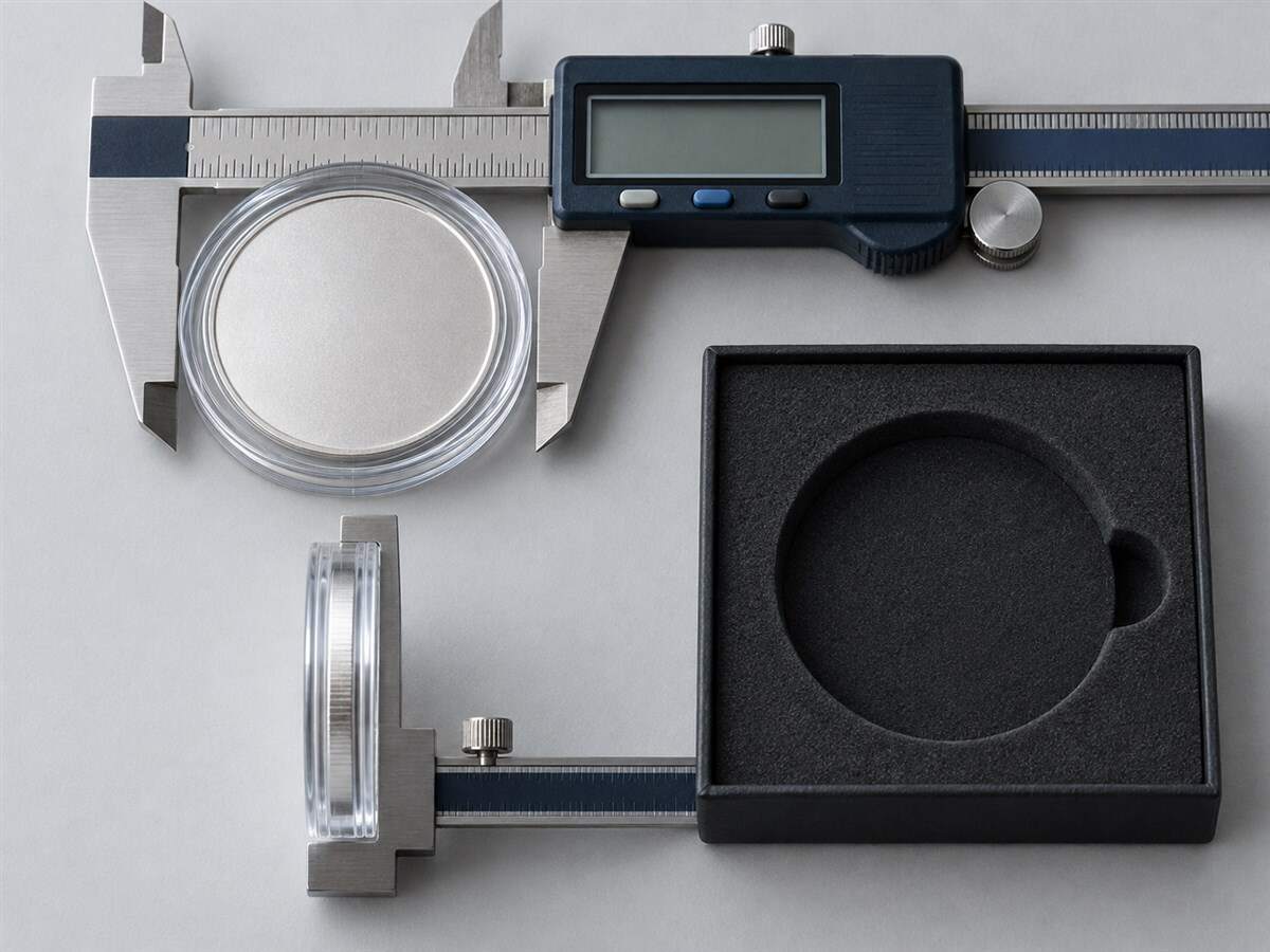 Digital caliper measuring the outside diameter and total height of a capsule for a custom coin presentation box insert Digital caliper measuring the outside diameter and total height of a capsule for a custom coin presentation box insert
