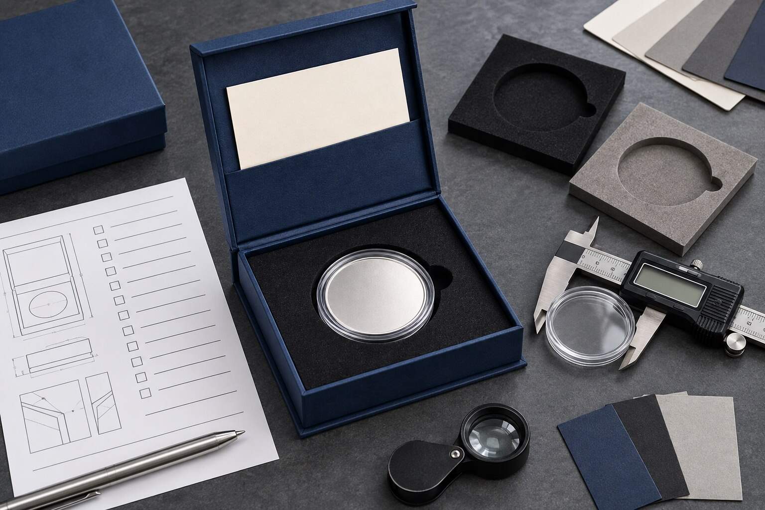 Quality-control setup for a custom commemorative coin presentation box with capsule, caliper, insert samples and inspection sheet