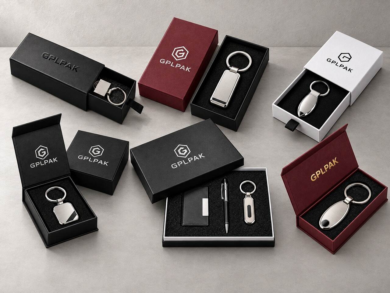 Luxury custom keychain packaging boxes with fitted inserts in book-style and drawer rigid box formats