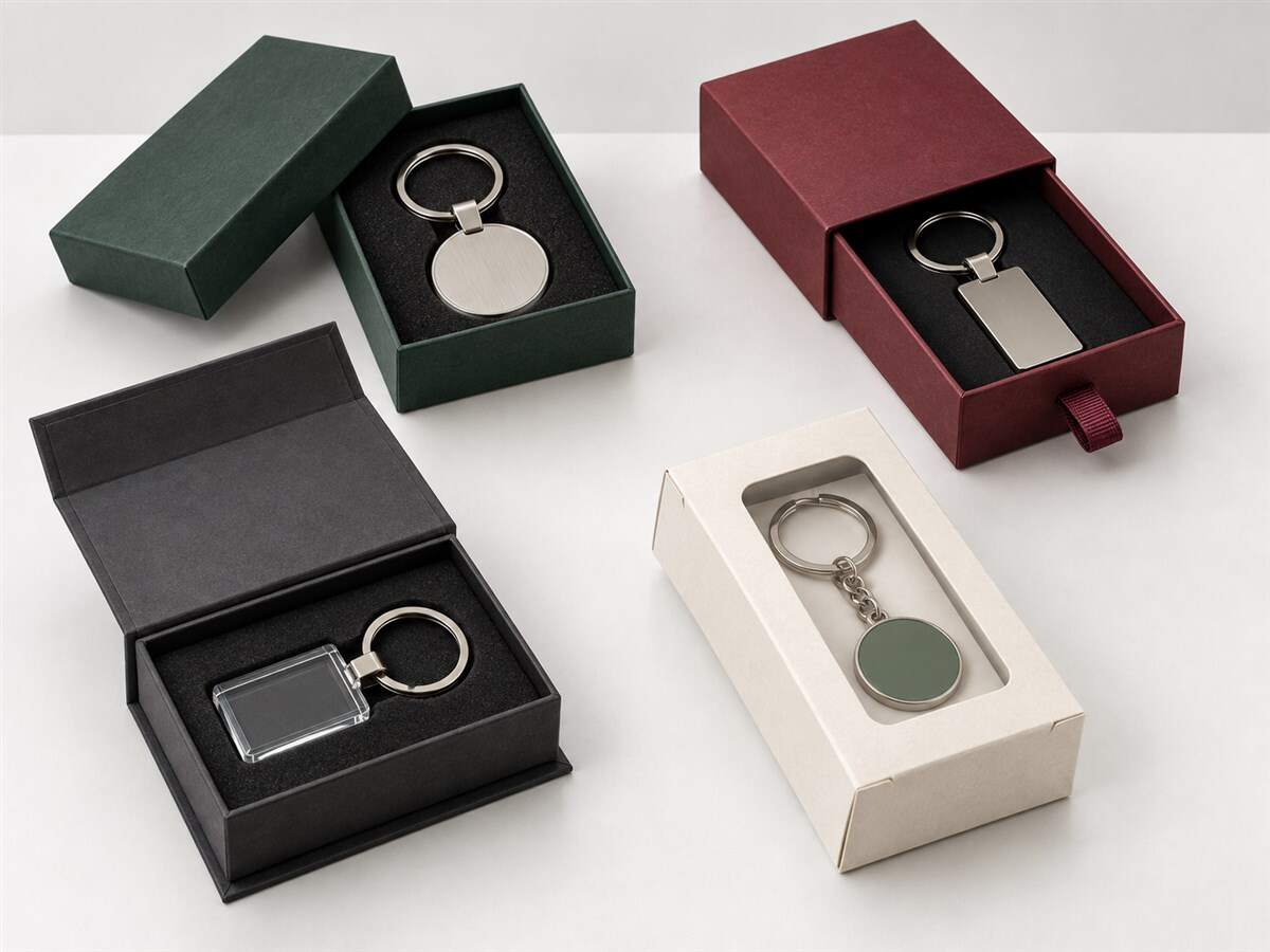Custom keychain packaging box styles including rigid lid-and-base, drawer, book-style and window carton formats