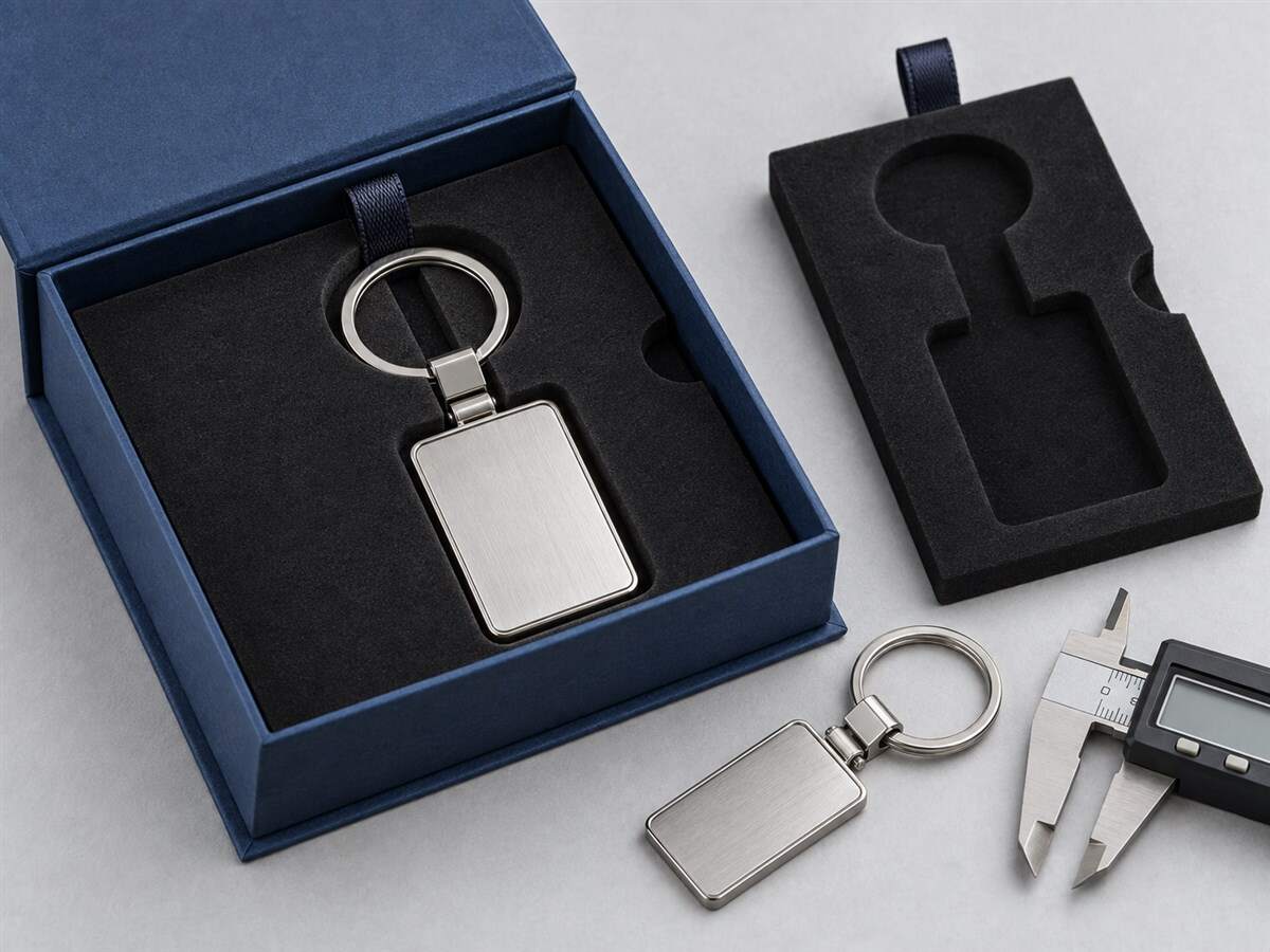 Insert engineering for a custom keychain packaging box showing split-ring restraint, fitted charm cavity and removal features