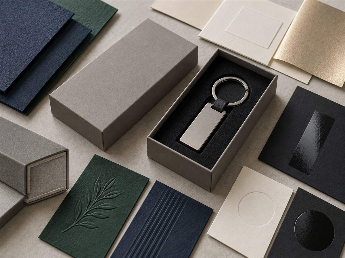 Luxury rigid keychain gift box materials with textured papers, foil, embossing, debossing and spot gloss samples