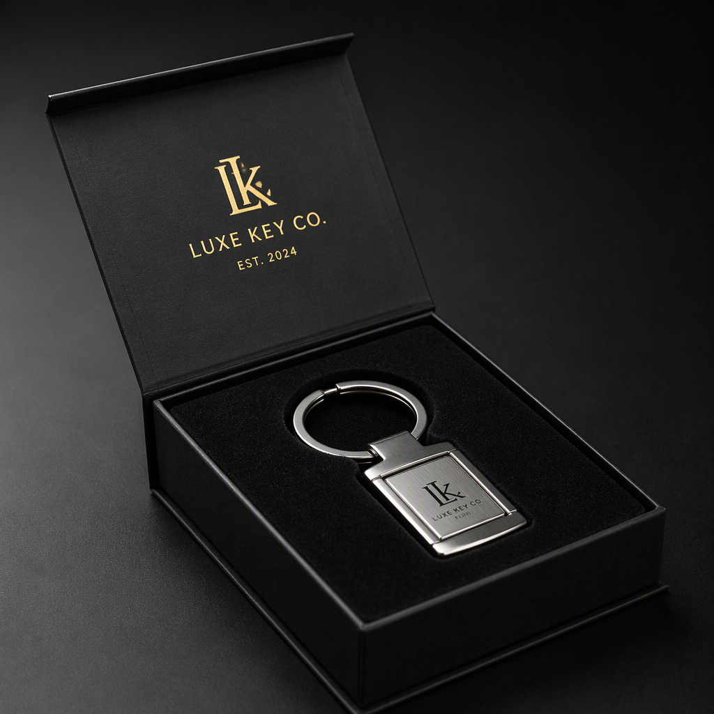 Custom keychain box packaging with a rigid magnetic lid and fitted insert for a metal keychain