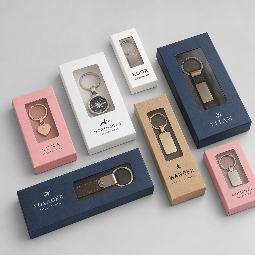 Range of custom keychain box packaging structures in multiple colors with fitted display formats