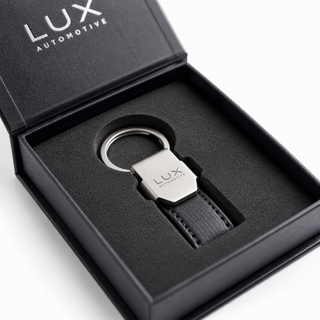 Close-up of custom keychain box packaging with a die-cut insert retaining the charm and split ring
