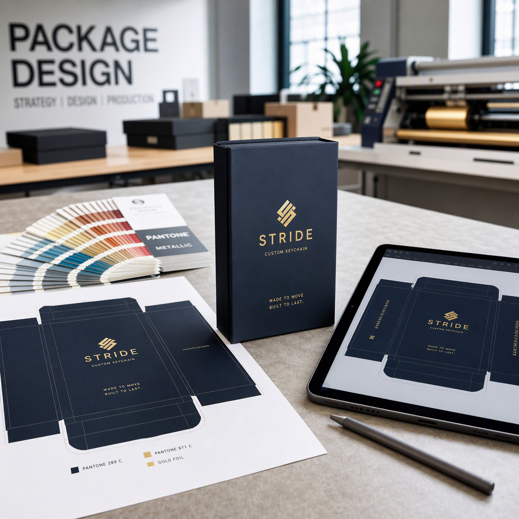 Keychain box packaging artwork review with dieline, color swatches and foil-stamped rigid box sample